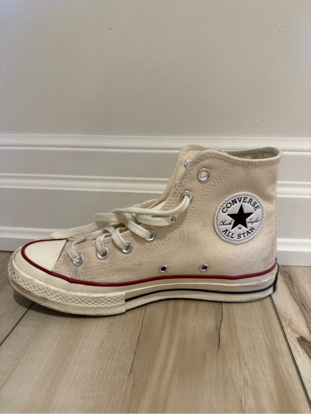 Converse High Top Sneakers - Natural Canvas with Red Trim
